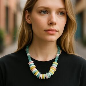 Vintage 80s Pastel Beaded Disc Statement Necklace Translucent Acrylic